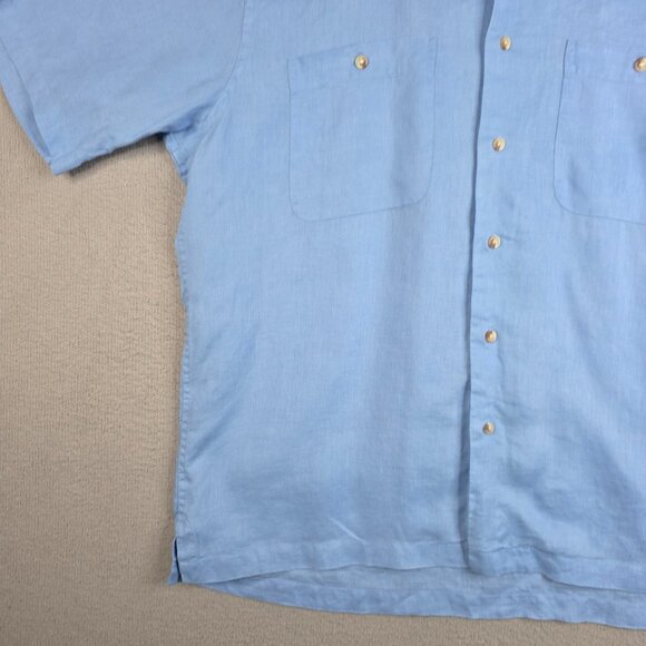 Paul Fredrick Shirt Men Size Large Light Blue 100% Linen Relaxed Fit Camp Collar - Picture 4 of 12
